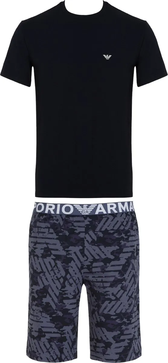 t-shirt, korte mouwen, neutraal zwart, logo Emporio Armani, camouflage shorts