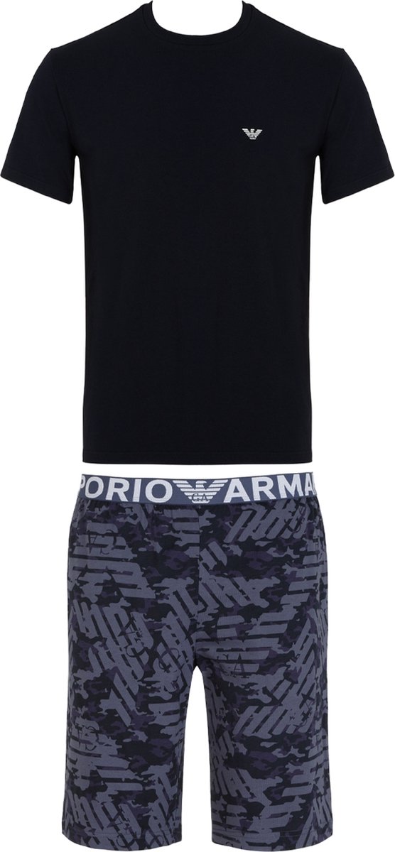 t-shirt, korte mouwen, neutraal zwart, logo Emporio Armani, camouflage shorts