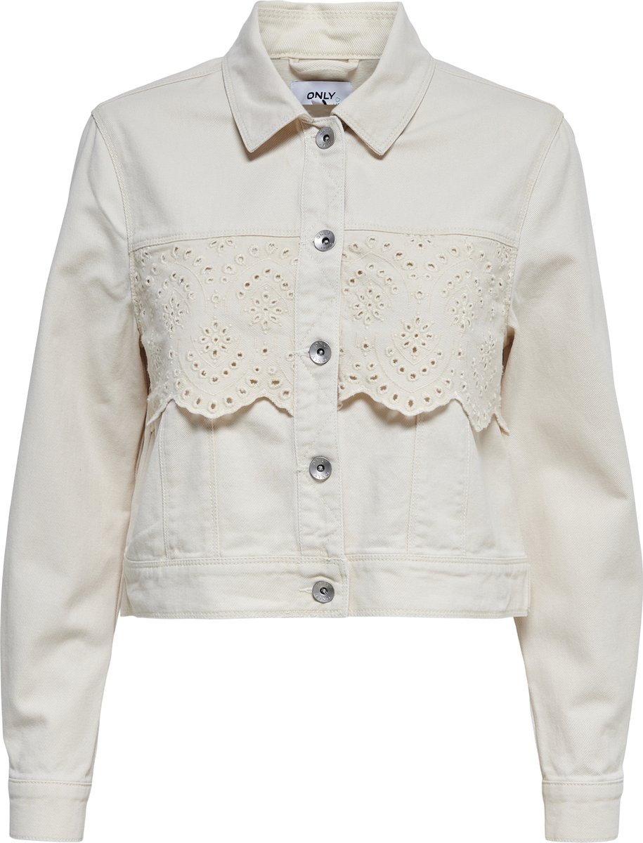 denim jacket, lace detail, eyelet pattern, buttons, creme color