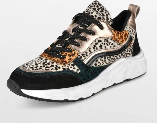 PS Poelman Sneakers Suède met Furry Luipaard Print en Metallic Dames - Zwart Multi - Maat 40