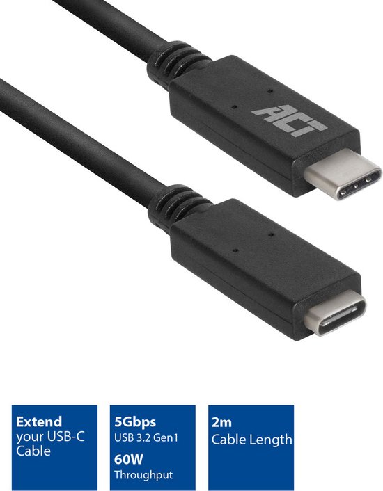 ACT USB-C Verlengkabel | 3.2 Gen1 | USB-C male - USB-C female | 2 meter - AC7412