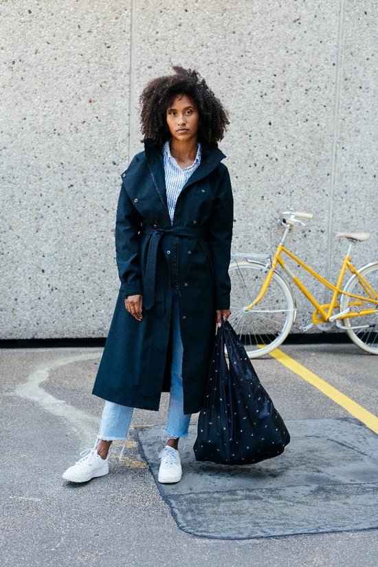 AGU URBAN OUTDOOR TRENCH COAT LONG WOMEN NAVY BLUE PRINT L