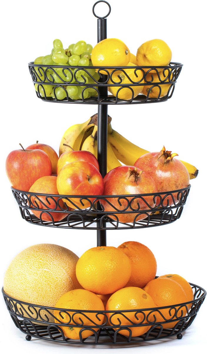 fruit, mand, tiered, oranges, apples, grapes, bananas, melons, lemons, fruit basket
