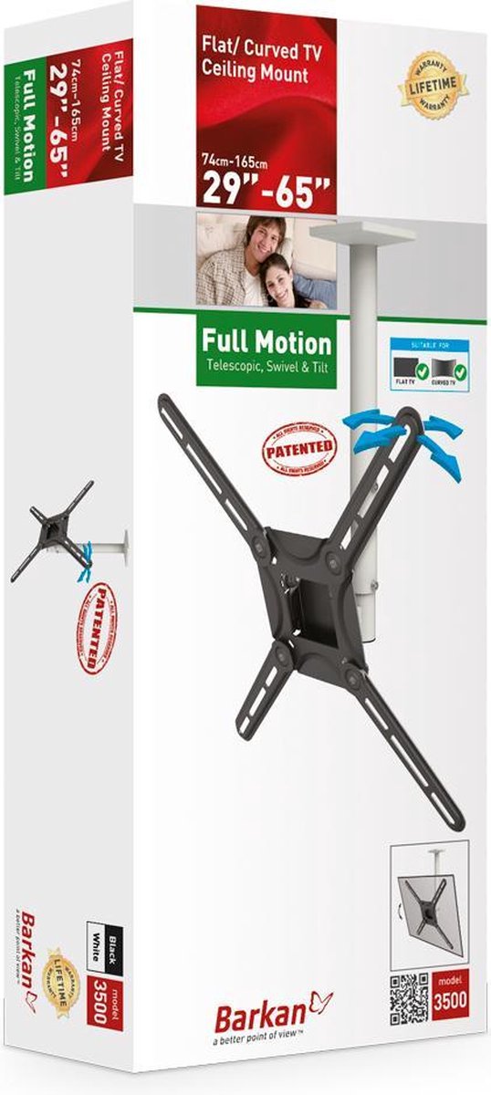Barkan Mounts - TV-Beugel - Plafondbeugel 29'' - 65'' - 74cm - 165cm - Draaibaar & Kantelbaar - 40kg