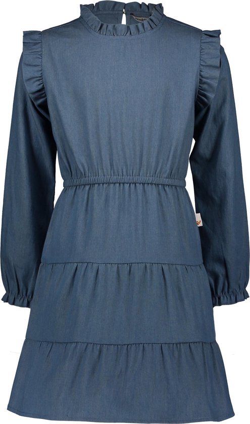 jurk, denim, kraagloze blouse, ruches, lange mouwen
