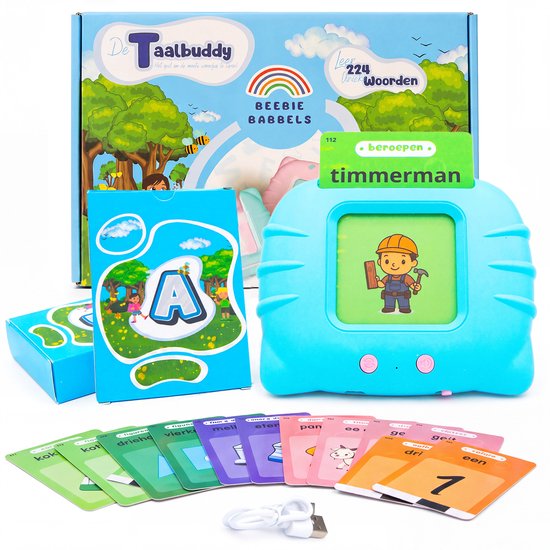 Beebie Babbels - De Taalbuddy - Blauwe Variant - Woordjes Leren - Het Spel om Nederlandse Woordjes te Leren - Educatief Speelgoed - Leer Nederlands - Montessori Speelgoed - Taalontwikkeling - Cognitieve Vaardigheden - Pratende Flitskaarten