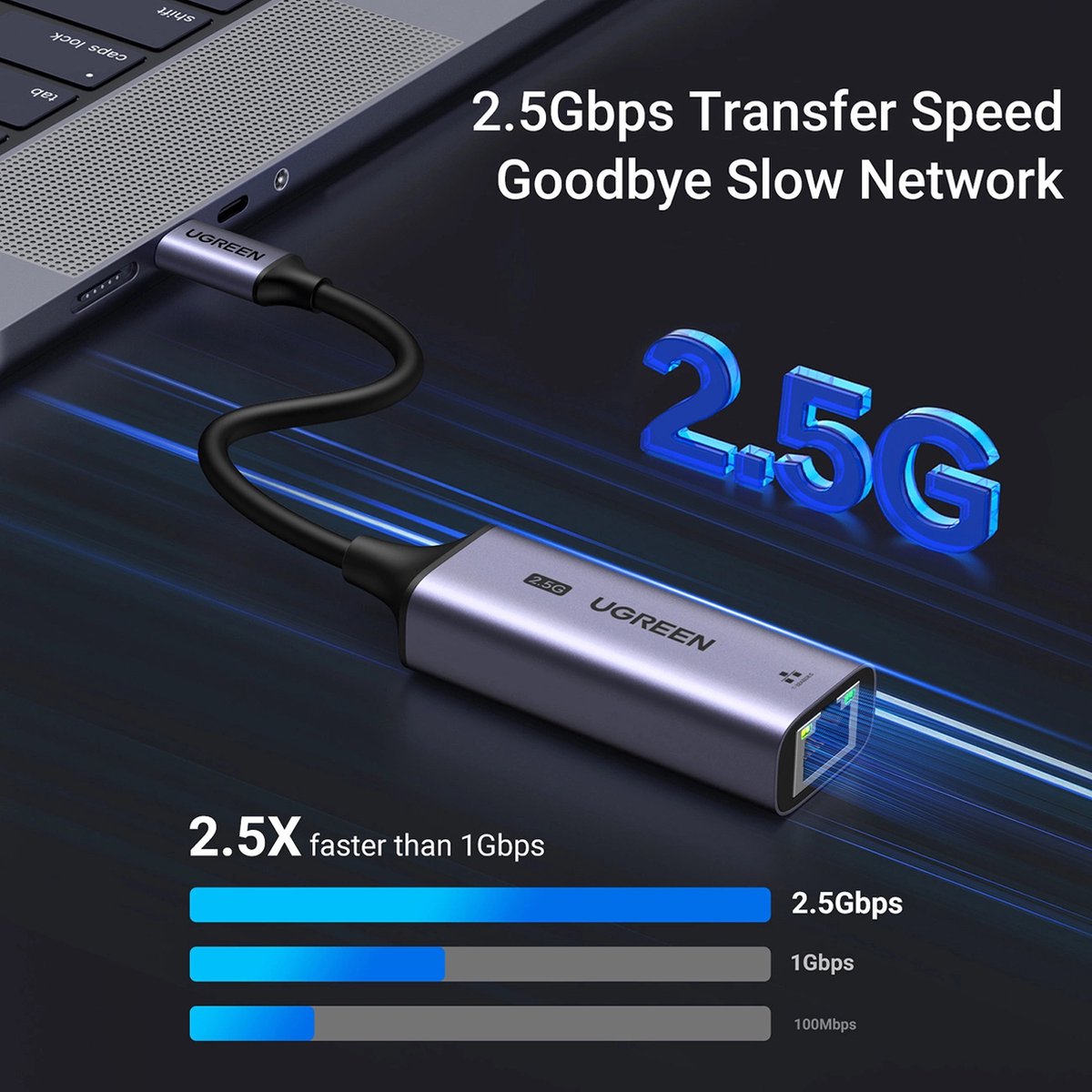 USB-C Ethernet adapter, RJ45 port, 2.5G, USB-C, aluminium behuizing