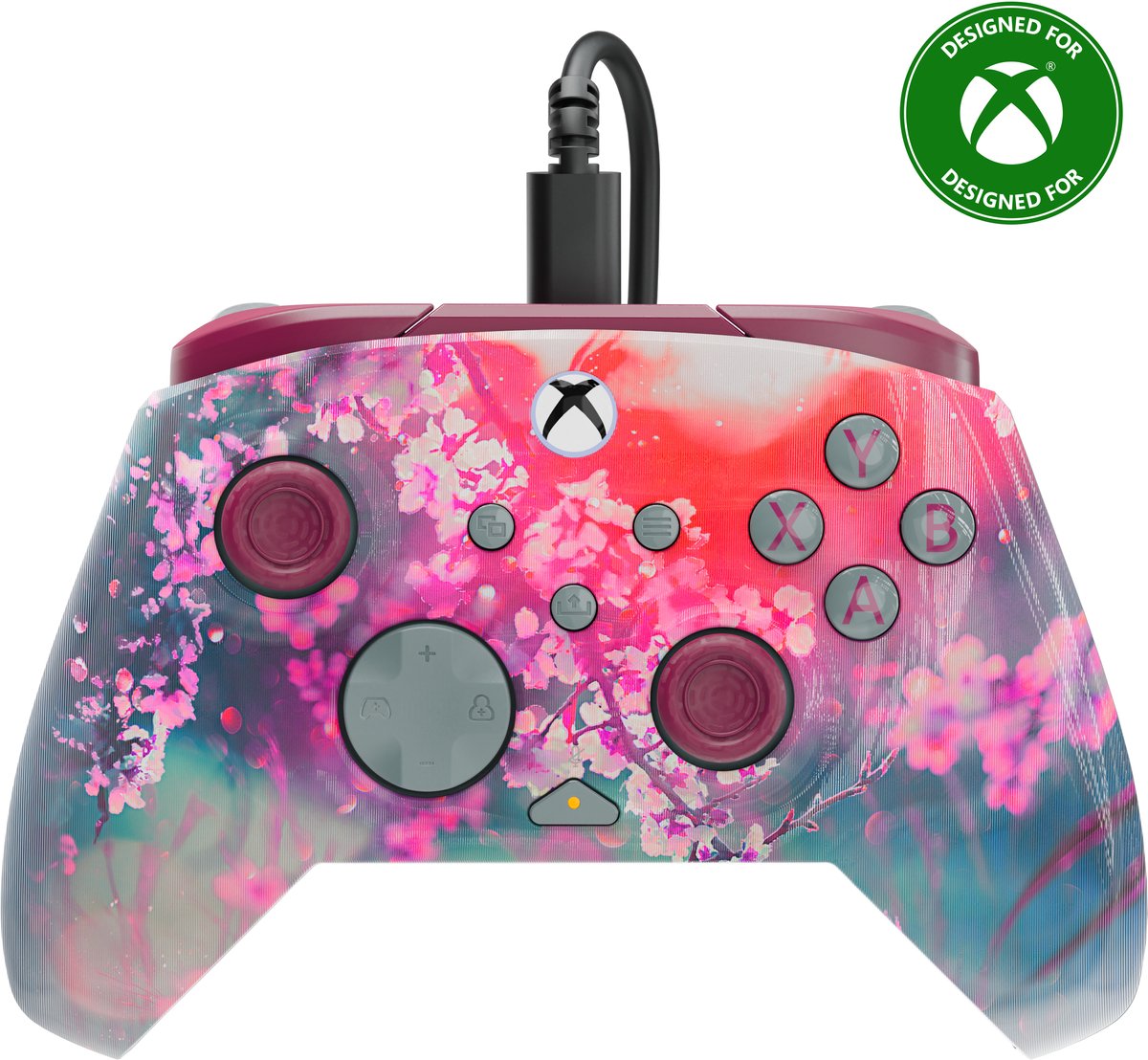 kontroller, Xbox-stijl controller, geabstracteerde bloemendesign, pink/paarse kleur, draadloze verbinding