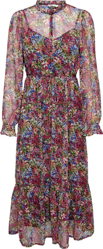 floral dress, lange mouwen, doorschijnende stof, gerafelde zoom, tailleband wrap