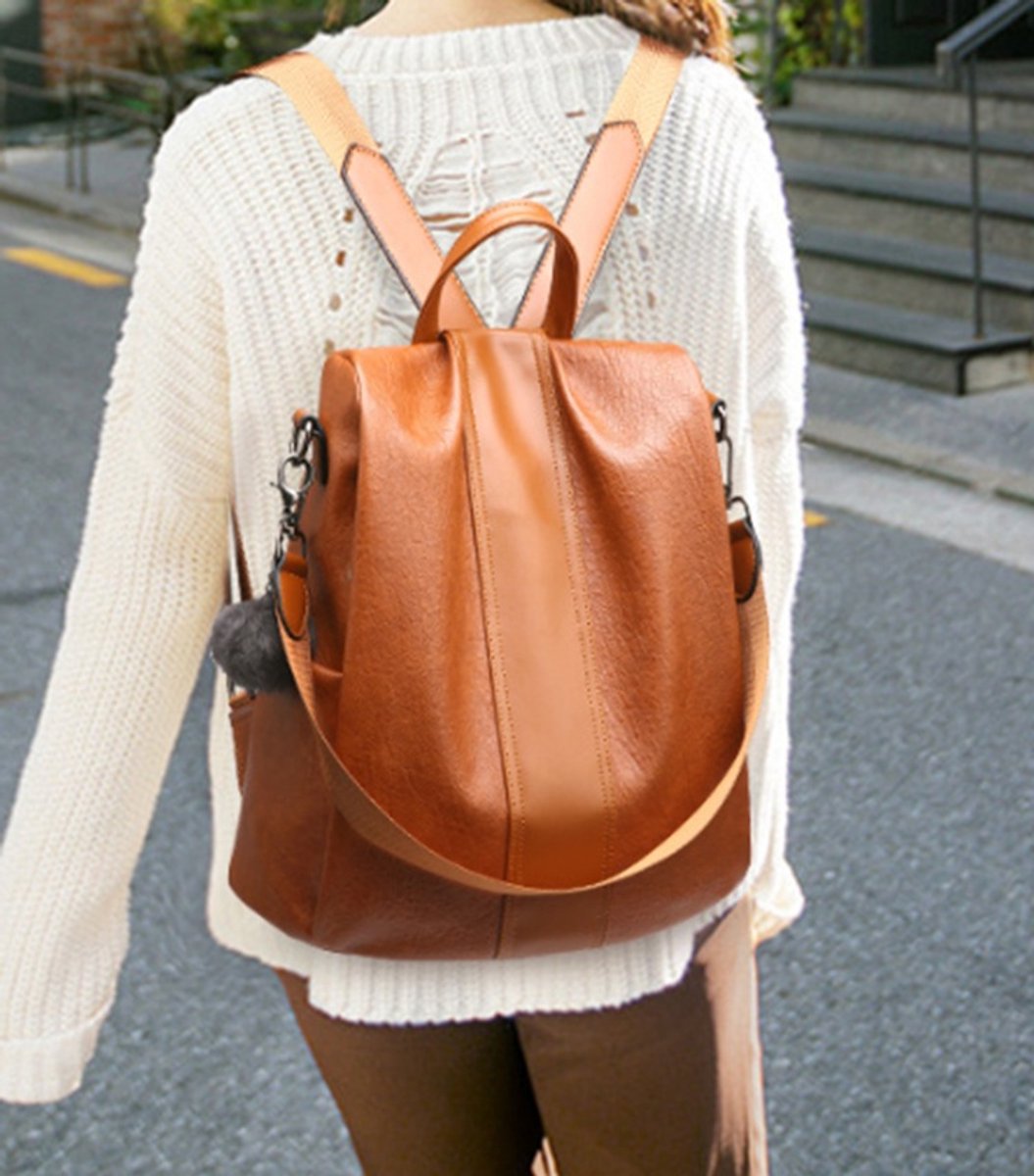 rugzak, leer, bruin, riem, knopsluiting