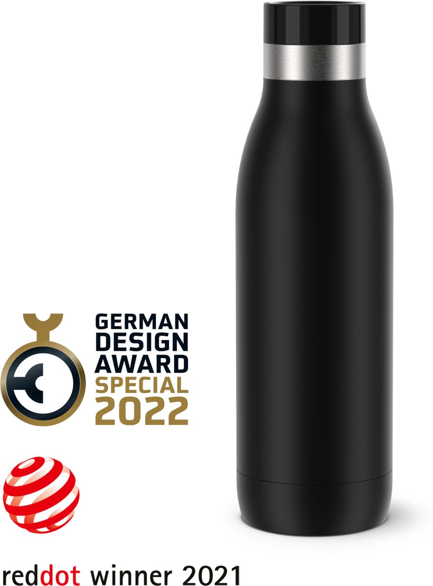 waterfles, roestvrij staal, zwart, vacuumgeïsoleerd, award-logo