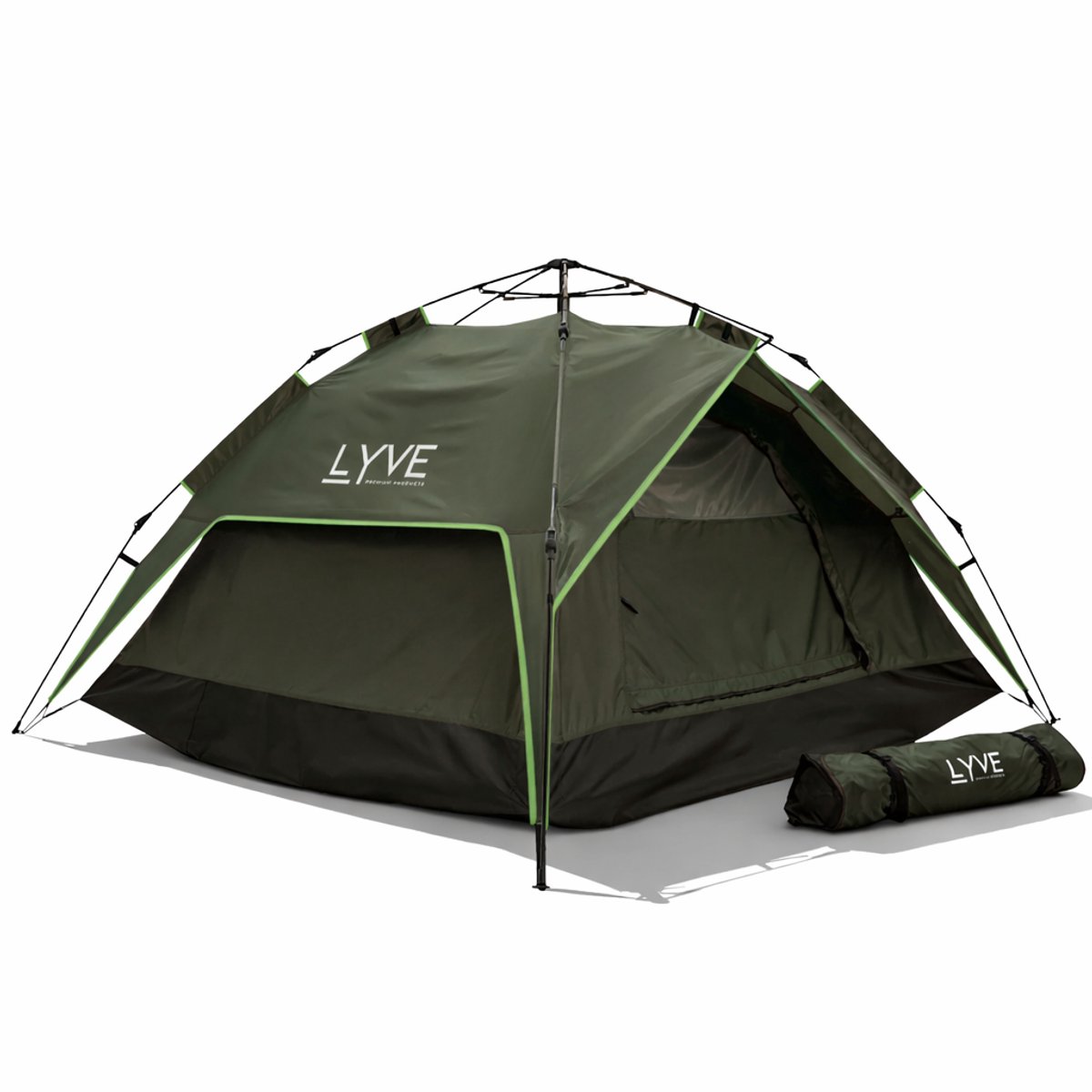 tent, camping tent, four-person tent, green tent, carrying bag