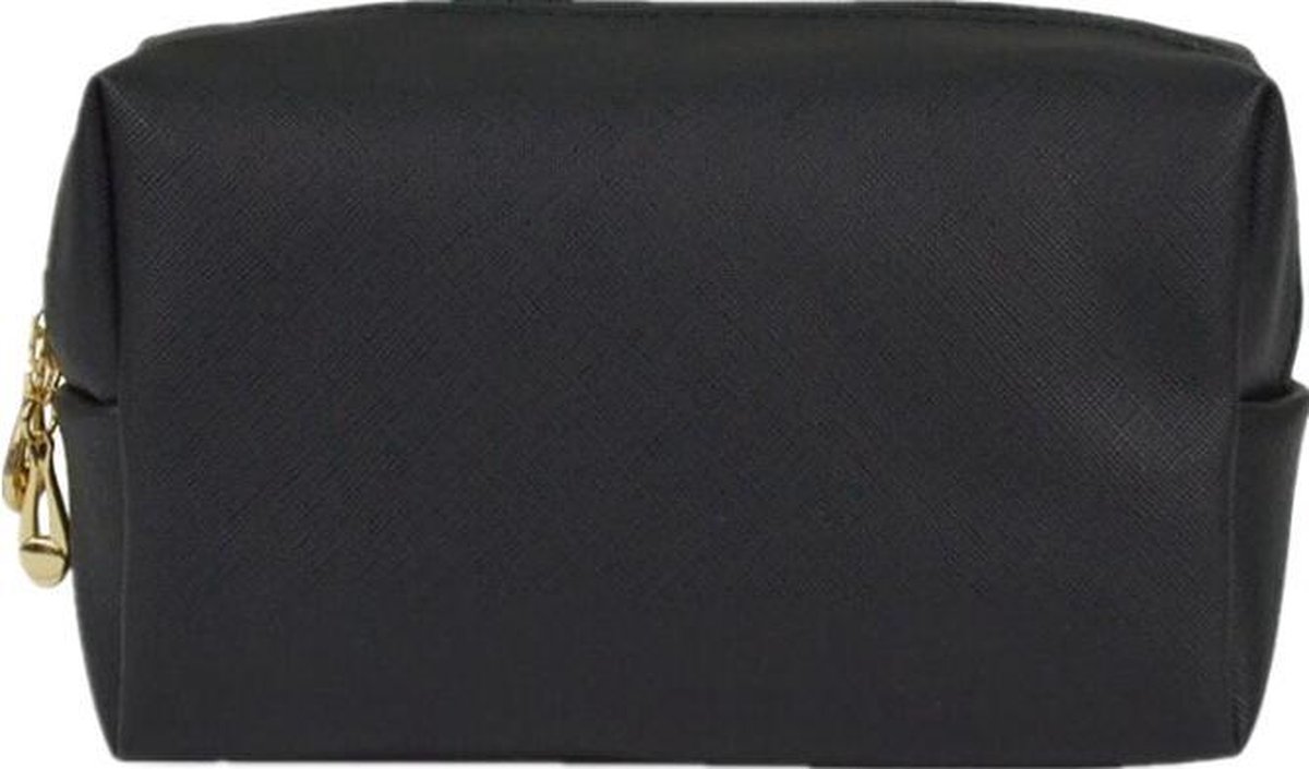 makeup bag, cosmetic pouch, black, zipper, gold hardware