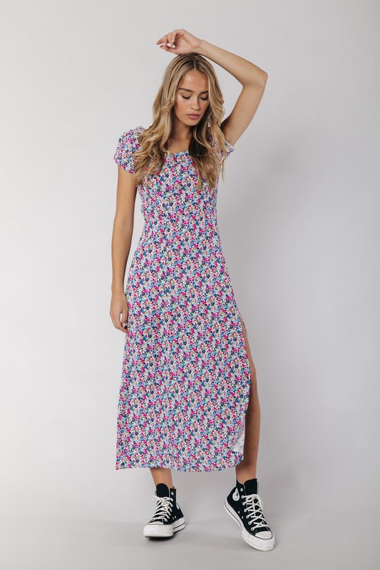 jurk, bloempatroon, maxi, korte mouwen, slit
