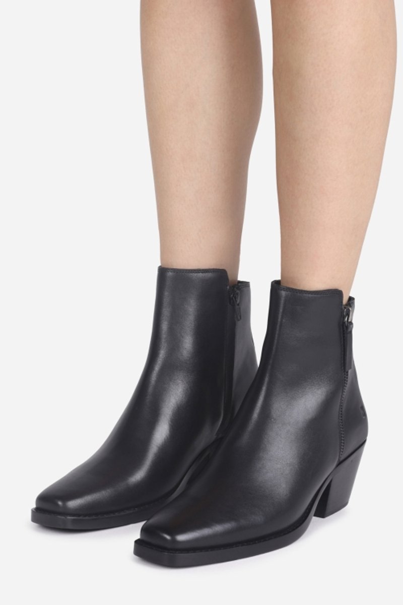 booties, enkellaarsjes, zwart, leer, blokhak