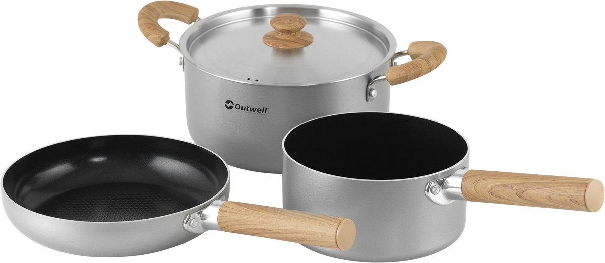 koekenpan, pannenset, roestvrijstaal, houtenhandvat, dampkapgat