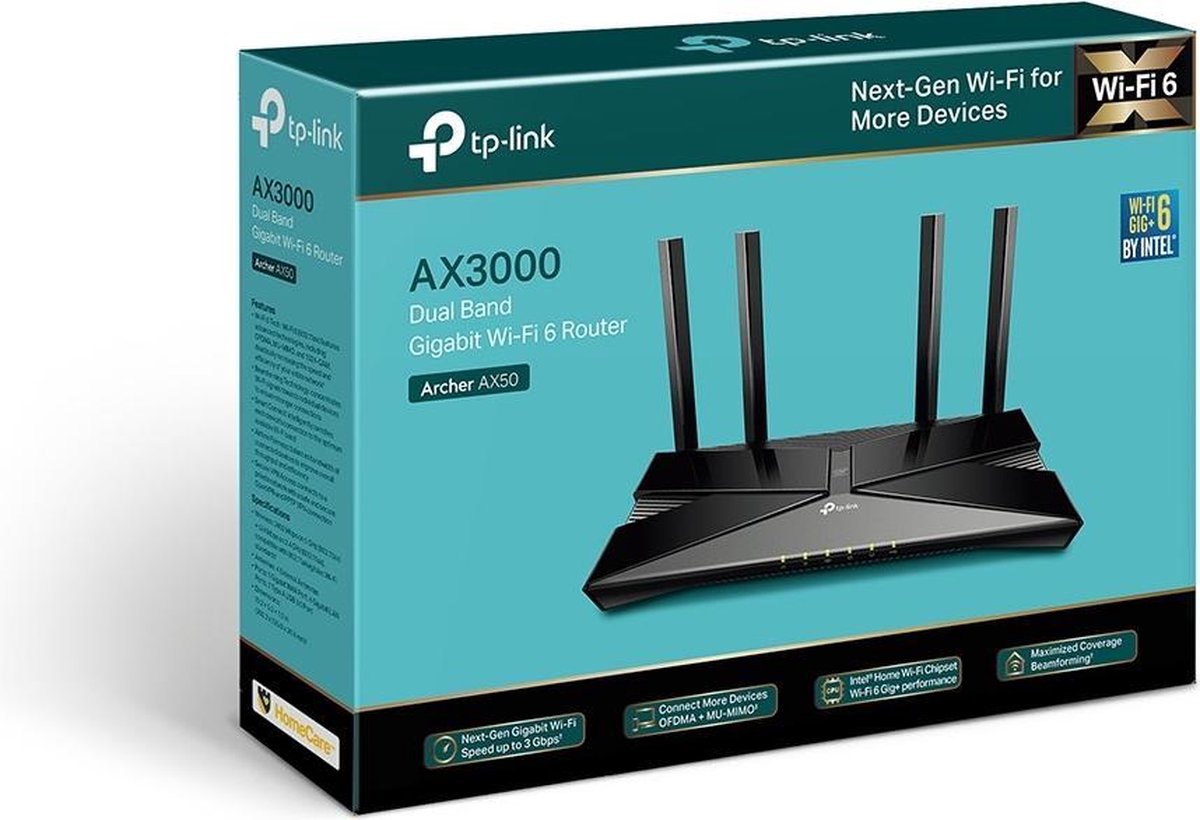 TP-Link Archer AX50 - Router - WiFi 6 - 3000 Mbs - Zwart