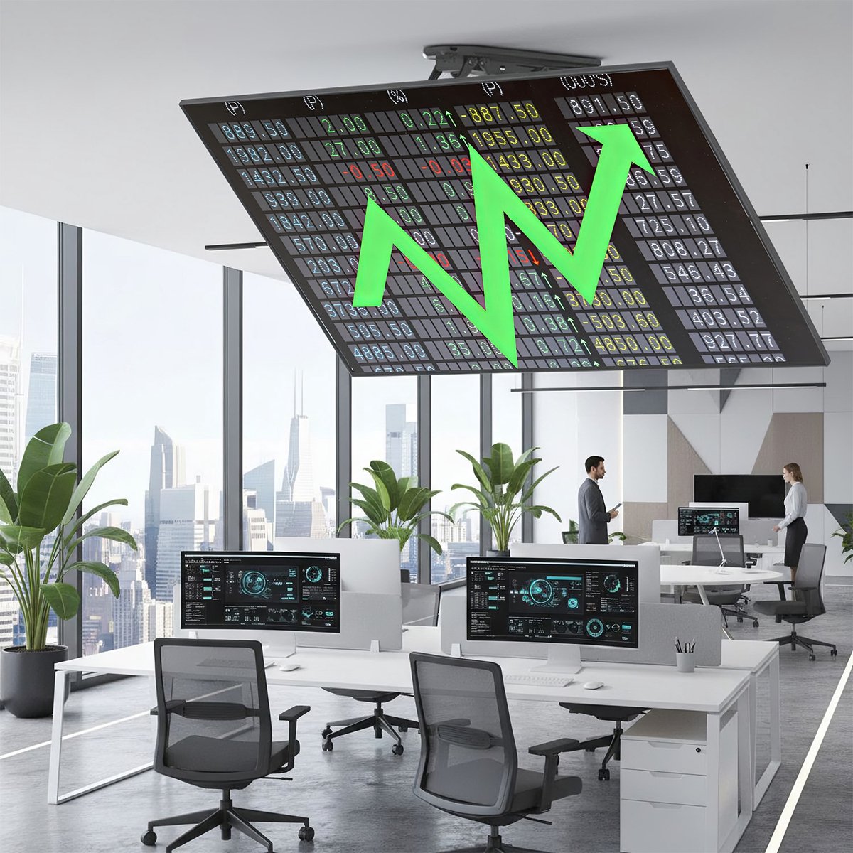 kantoor, computerschermen, data-analyse, groene-standaardpijl, planten