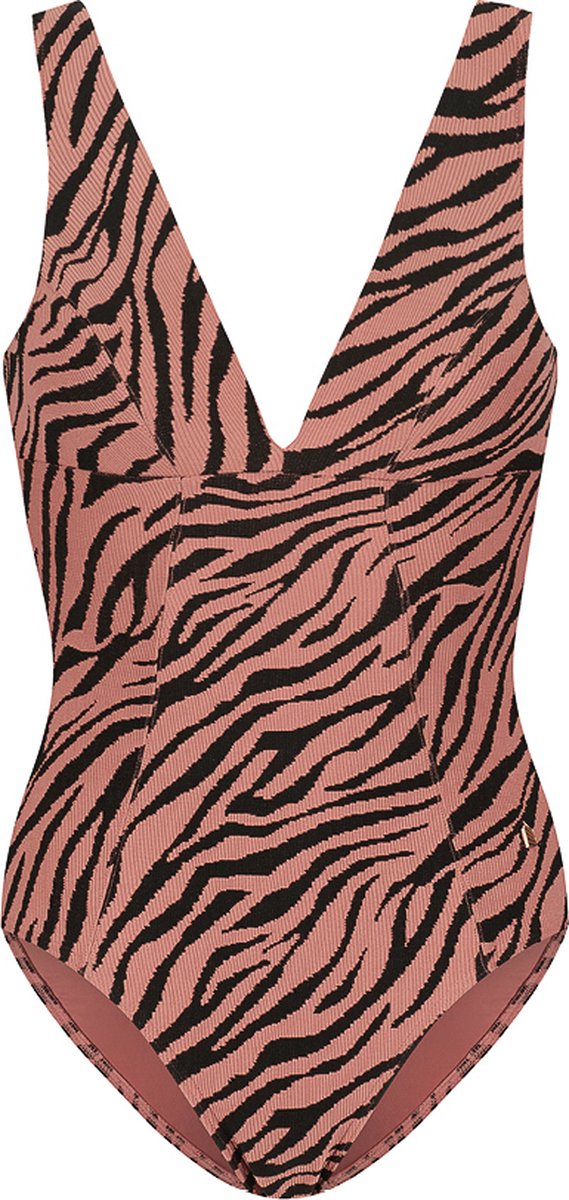 zijden badpak, zebra print, roze/zwart patroon, tankini bodice?, eenvoudig gevormd]?, badpak met V-hals