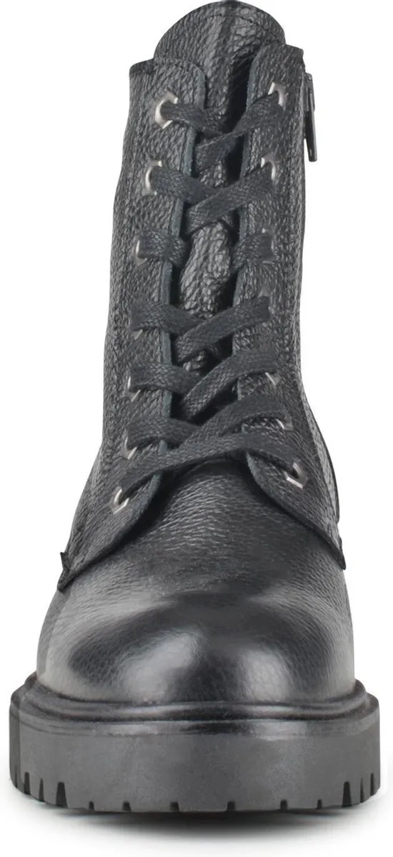 PS Poelman Leta Dames Leren Enkellaarzen - 38 - met Veters en Rits - Zwart Tumble Print