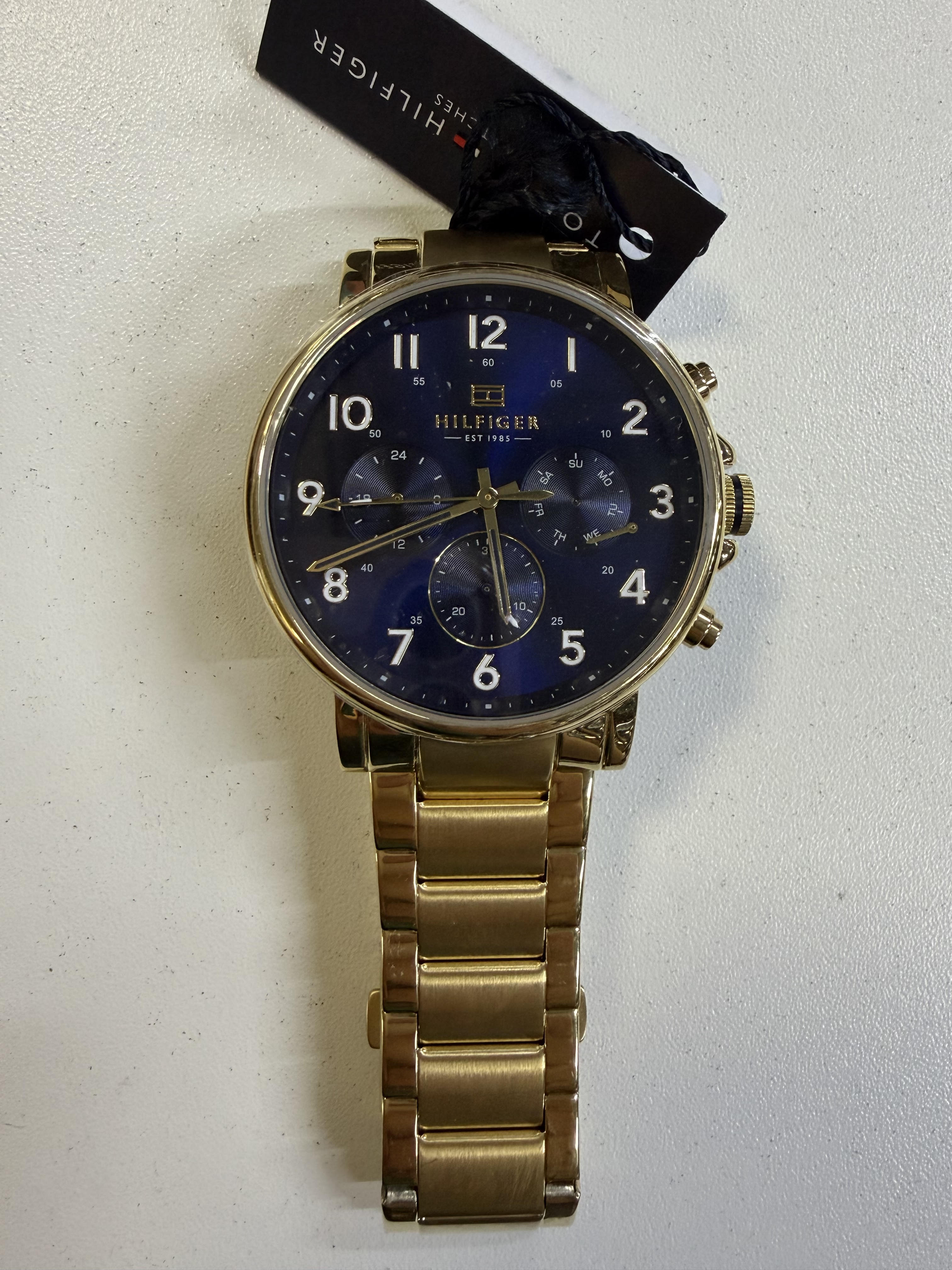 horloge, polshron, gouden armband, analoge klok, blauw wijzerplaat