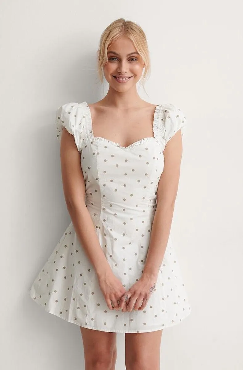 NA-KD Dotted Mini Vrouwen Jurk - White/Beige - Maat EU 38