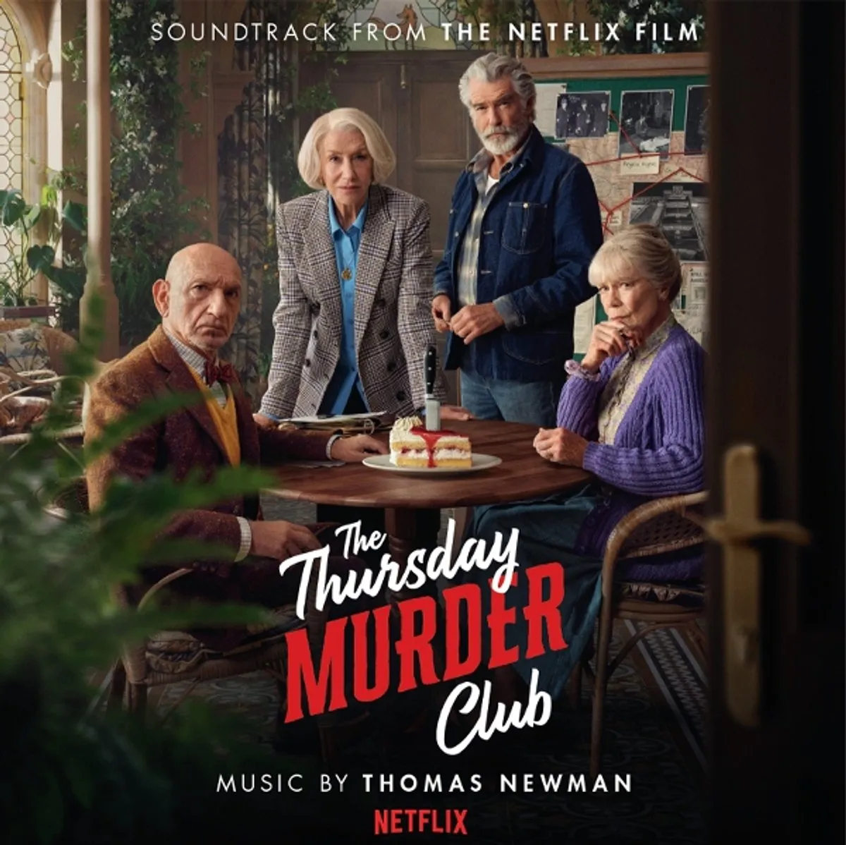 poster, murder club, cake, elderly people, indoor setting