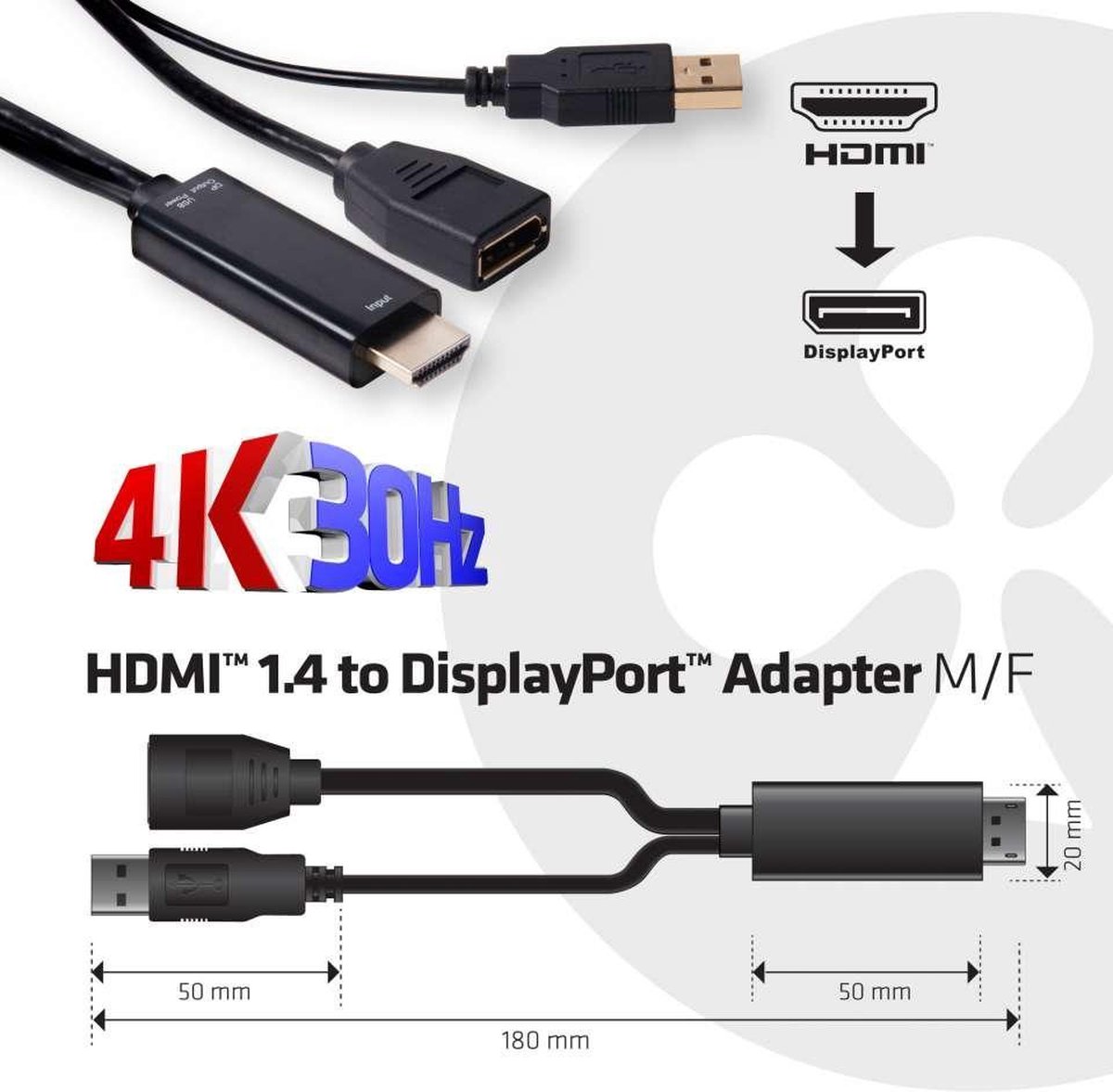 club3D CAC-2330 HDMI Adapter [1x HDMI-stekker - 1x DisplayPort bus] Zwart
