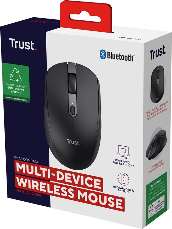 Trust Ozaa Compact - Oplaadbare draadloze muis - USB & Bluetooth - Stil - Zwart