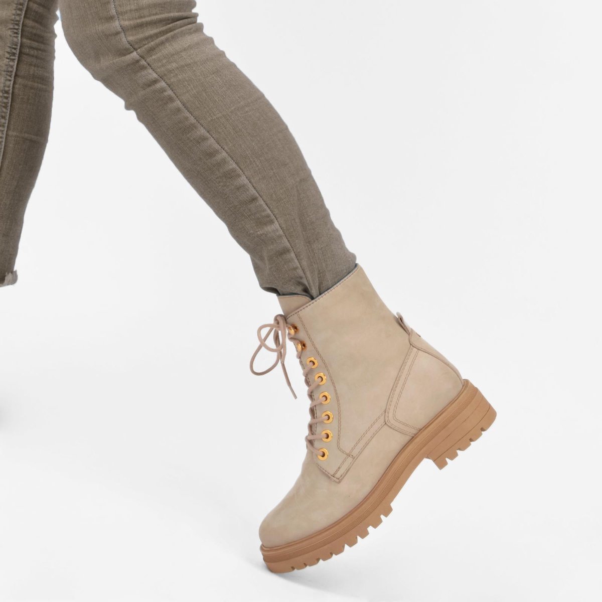 PS Poelman - maat 38- Dames - MINK Suède Leren Nubuck Veter Laarzen met Stoere Profielzool en Gouden