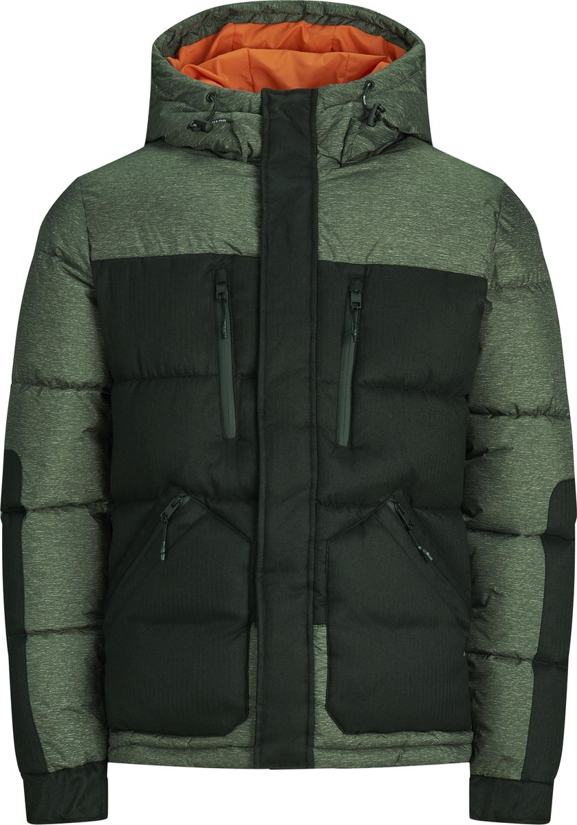 jas, winterjas, donkergroen, paneelstof, ritssluitingen