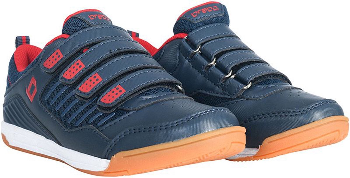 sportschoenen, kindermaat, blauw, oranje-zool, klepjes-strap