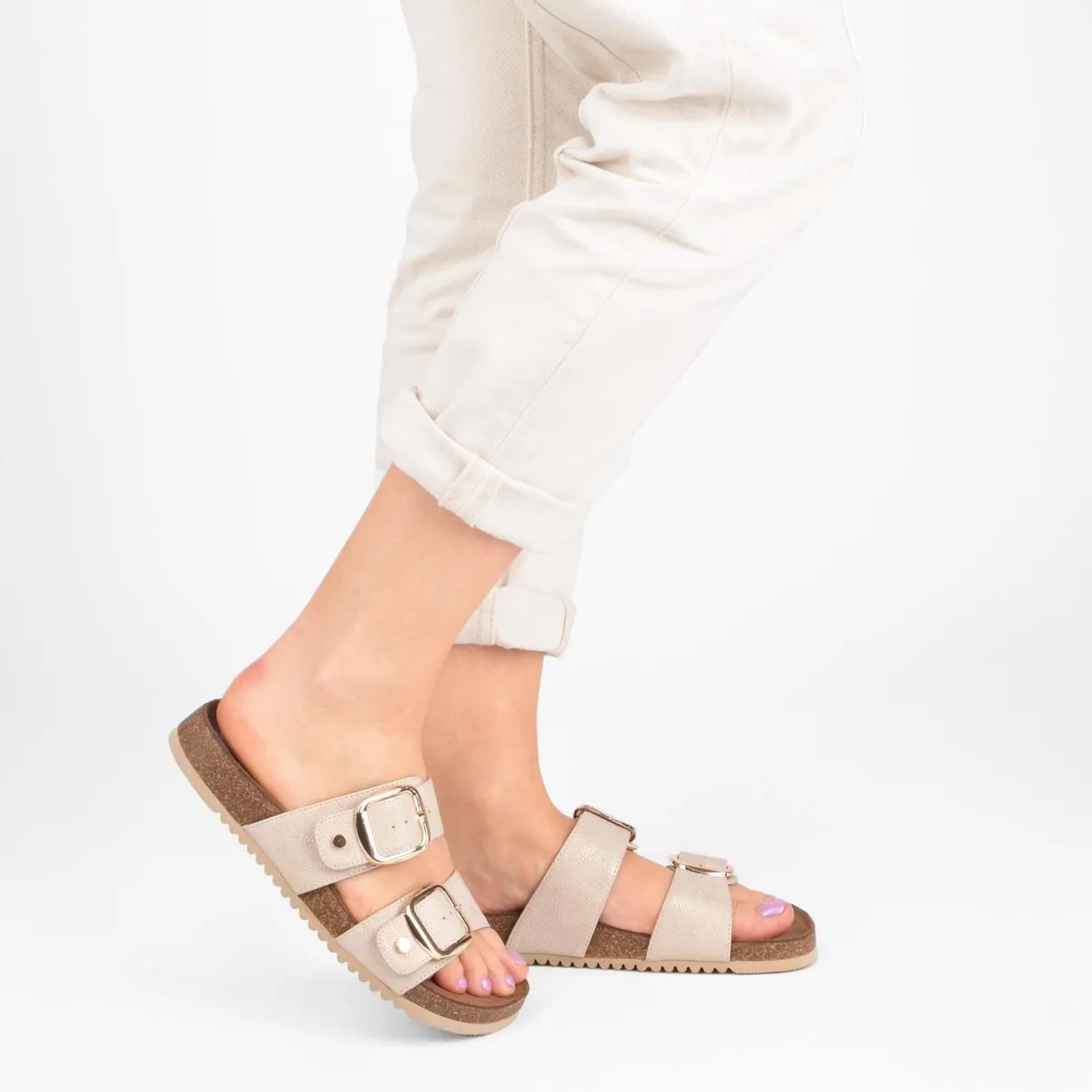 PS Poelman CURA Dames Faux PU Imitatie - Maat 40 - Leren Sandalen met Gespen - Metallic Licht Beige