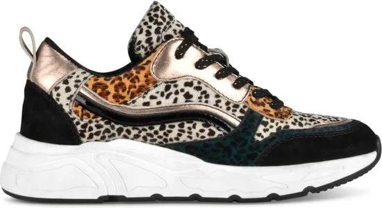 PS Poelman Sneakers Suède met Furry Luipaard Print en Metallic Dames - Zwart Multi - Maat 40