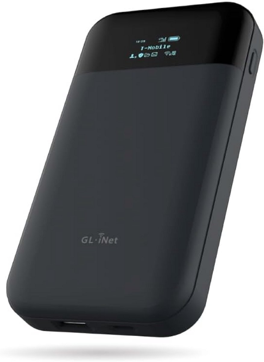 mobiel hotspot, GL.inet, draagbare router, zwarte apparaat, batterij-indicator