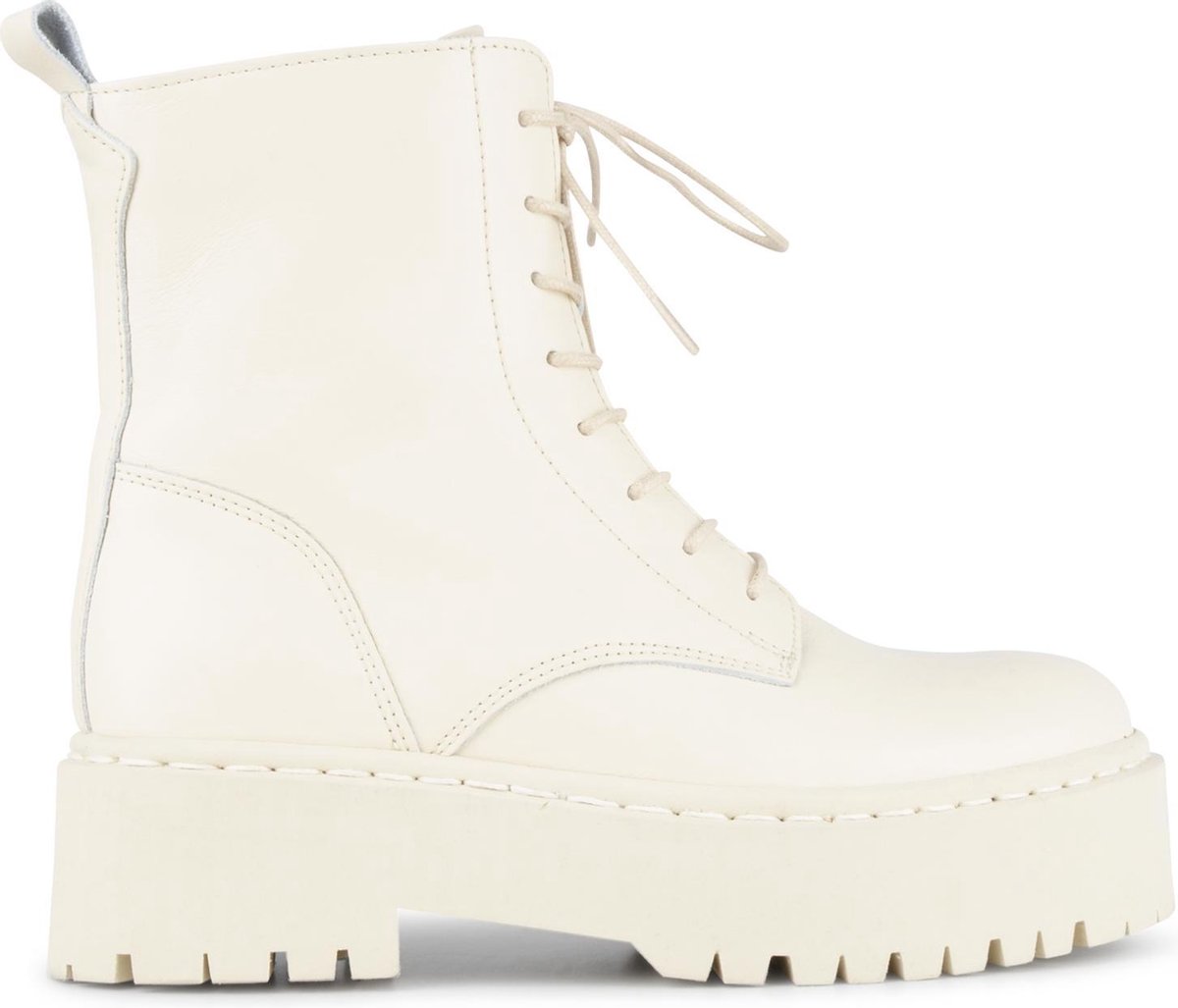PS Poelman KIMMY - 36 - Dames Leren Chunky Veter Enkellaarzen - Beige Crème Wit - Maat 36