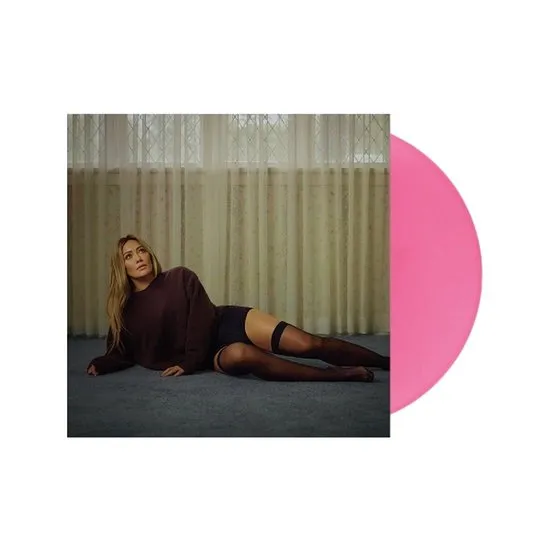 vrouw, liggend, roze vinyl, kledingset, kouselementen