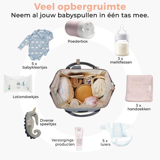 LifeGoods Luier- en Verzorgingstas - 23.8 Liter - Met Kinderwagen en Buggy Haak - Grijs