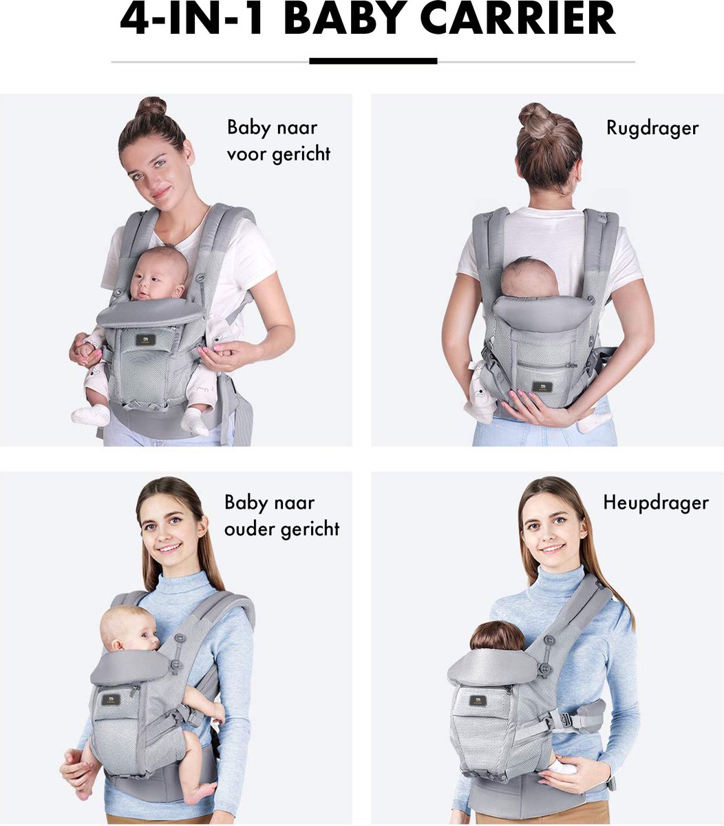Deryan Ergonomische Draagzak - Buikdrager 4-in-1 Grijs