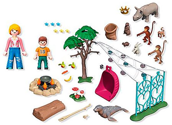 outdoor camp, campfire, monkey tree swing, hamster wheel, toy animals