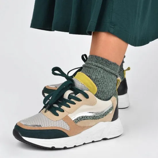 PS Poelman Carocel Dames Imitatie Leren Suède Runner Sneakers - mt 39 - met Profielzool - Groen Beig