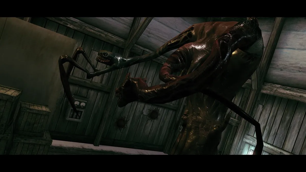 alien, monstrous creature, tentacles, dark interior, horror art