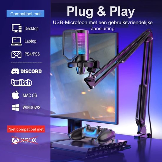 A6T - USB Gaming Microfoon - PC-Gaming Met Arm ( 66cm! ) - Geschikt voor PC/PS4/PS5 - RGB - Podcast