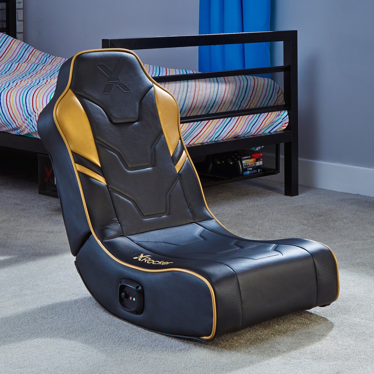 Gamestoel voor kinderen - X Rocker Shadow - inklapbaar - 2.0 audio - 2 speakers - floor rocker – zwart/goud
