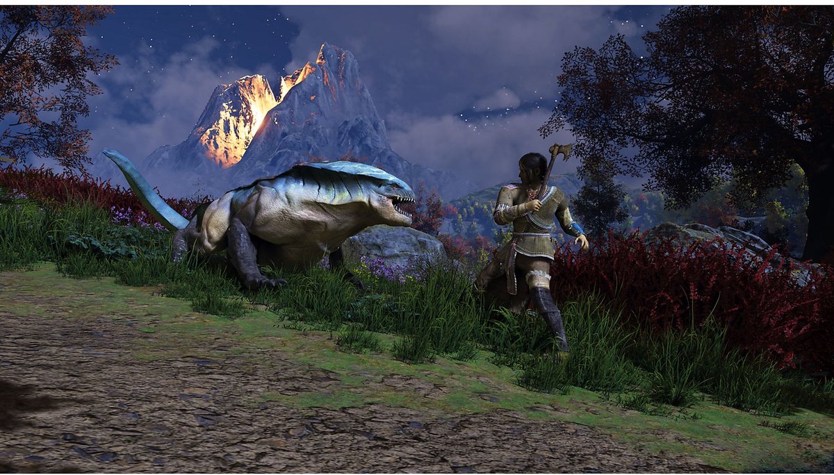 dinosaurus, krijger, landschap, scène, mythisch