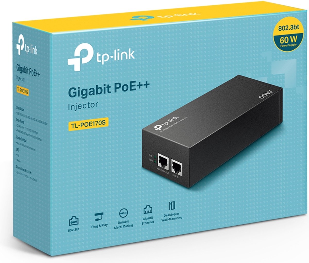Gigabit PoE++, PoE-injektor, 60W, Ethernet, doos