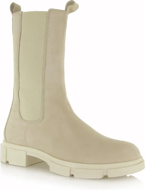 PS Poelman Kimmy - Maat 38 - Dames Leren Chunky Chelsea Enkellaarzen met Elastiek - Beige Crème Wit