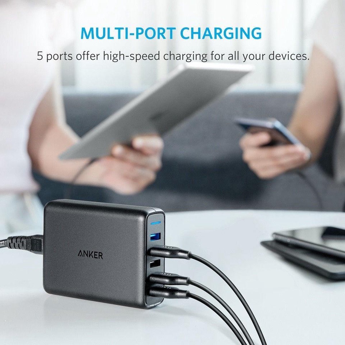 Anker PowerPort Speed 5 Poorts 2x Quick Charge 63W Thuislader Zwart