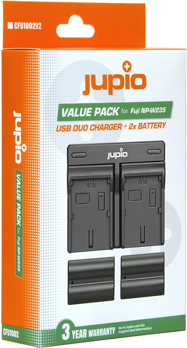 USB dual charger, battery pack, value pack, for Fujifilm NP-W235, Jupio