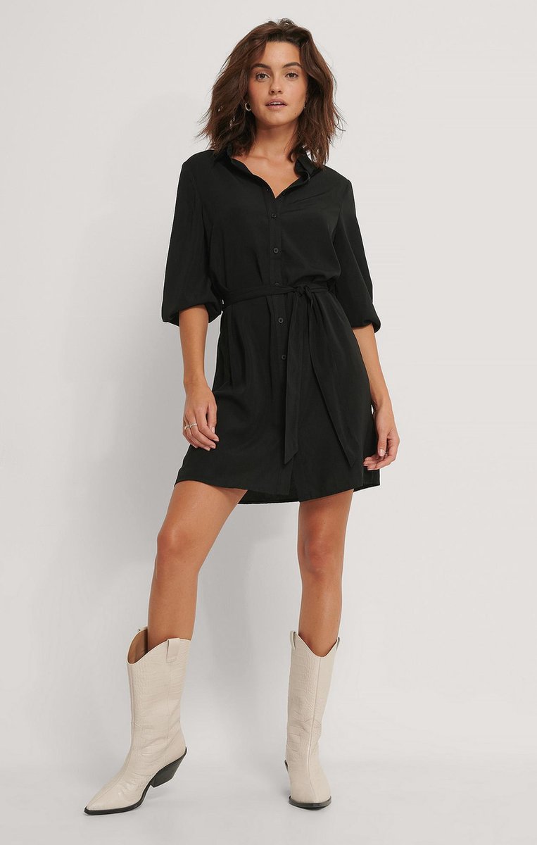 black dress, shirt dress, monochrome, knie-lengte, riemtouw
